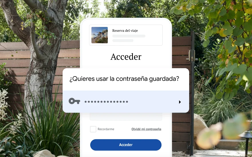 Una página de acceso a un sitio de reservas de viajes con una pregunta sobre usar una contraseña guardada. En el fondo, hay una imagen de la naturaleza.