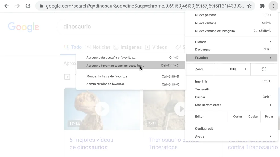 Ventana del navegador Chrome con un cuadro de diálogo que muestra la opción Agregar a favoritos todas las pestañas.