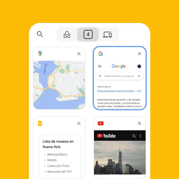 Un navegador para dispositivos móviles carga pestañas de un navegador para computadoras, incluida información sobre el estacionamiento en Nueva York y Google Maps.