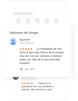 Ejemplo de ficha de Google de una panadería donde se destaca la función Opiniones.