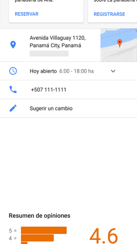 Ejemplo de ficha de Google de una panadería donde se destaca la información principal de la empresa.