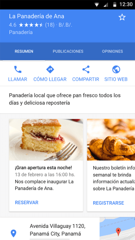 Ejemplo de ficha de Google de una panadería donde se destaca la función Publicaciones.
